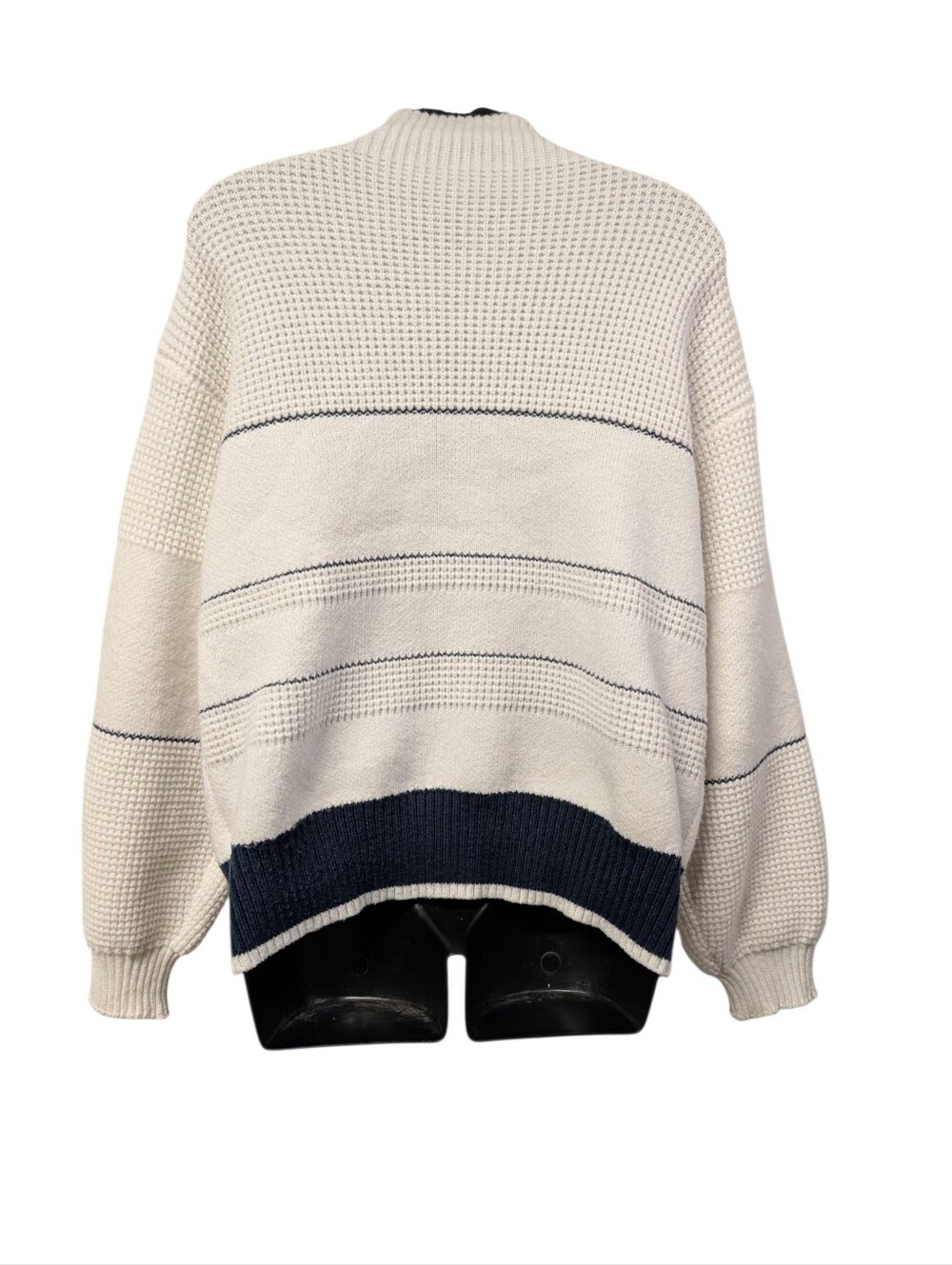 Commense Cream Stripe Mock Neck Button Pullover Sweater Nautical Knit Large L - Picture 2 of 9